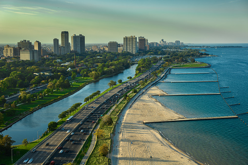 Aerial shot of Lincoln Park and North Avenue Beach in Chicago, Illinois on a clear day in Fall.