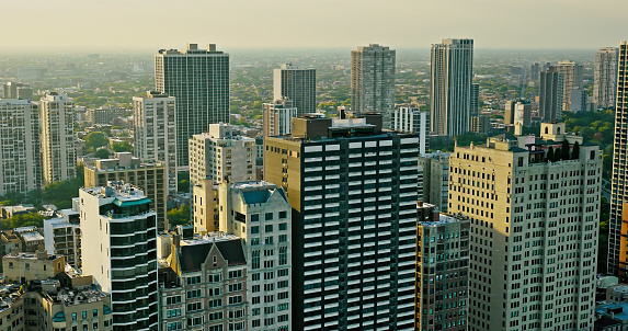 Aerial shot of buildings in Chicago, Illinois on a clear day in Fall.