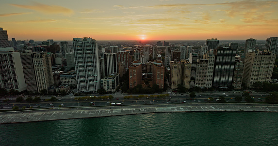 Aerial shot of Gold Coast, Chicago on a Fall sunset.