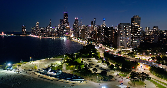 Aerial shot of Gold Coast, Chicago, Illinois at twilight in Fall.