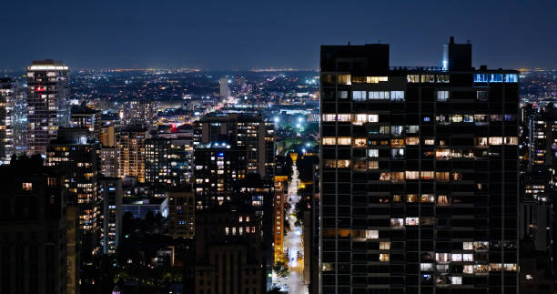 Aerial shot of skyscrapers in Chicago, Illinois on a clear night in Fall.