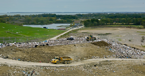Aerial shot of a landfill near Port Clinton in Ottawa County, Ohio, on an overcast day in Fall.