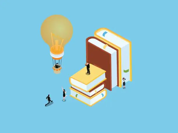 Vector illustration of Smart business people with books  gains knowledge and flies in hot air balloon