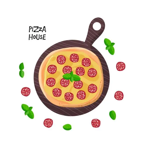 Vector illustration of Pizza on board with fresh ingredients. Pepperoni pizza with cheese, sausage and basil. Cartoon vector illustration for menu, shop, bar, delivery. Traditional italian fast food.