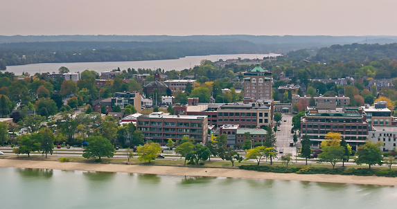Aerial still of Traverse City, Michigan, on a clear day in Fall.

Authorization was obtained from the FAA for this operation in restricted airspace.