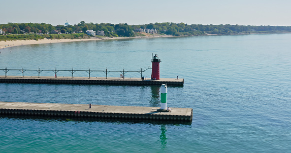 Aerial view of pier on Lake Michigan in South Haven, a port city in the Van Buren County of Michigan, on a clear day in Fall.