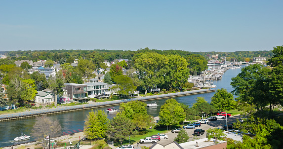 Aerial view of Black River in South Haven, a port city in the Van Buren County of Michigan, on a sunny day in Fall.