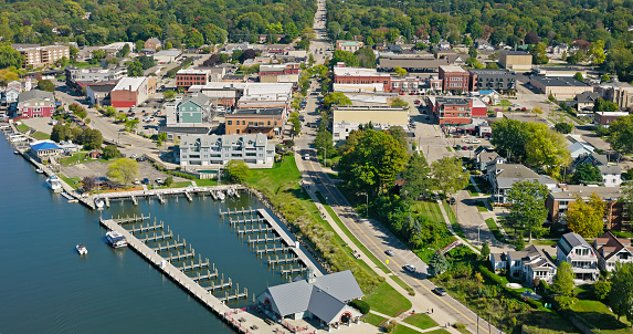 Aerial view of South Haven, a port city in the Van Buren County of Michigan, on a clear day in Fall.