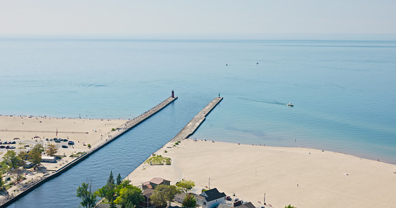 Aerial view of Lake Michigan in South Haven, a port city in the Van Buren County of Michigan, on a clear day in Fall.