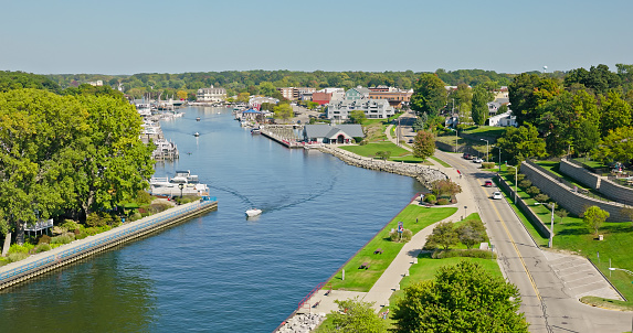 Aerial view of Black River in South Haven, a port city in the Van Buren County of Michigan, on a sunny day in Fall.