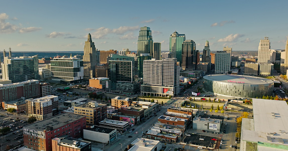 Aerial still image of Power and Light District in downtown Kansas City, Missouri on a sunny day in Fall with scattered clouds. \n\nAuthorization was obtained from the FAA for this operation in restricted airspace.