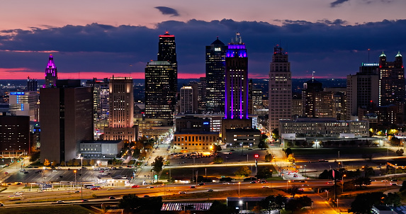 Aerial shot of downtown Kansas City, Missouri on a colorful evening in Fall.

Authorization was obtained from the FAA for this operation in restricted airspace.