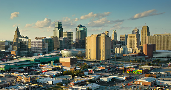 Aerial still image of Power and Light District in downtown Kansas City, Missouri on a sunny afternoon in Fall.\n\nAuthorization was obtained from the FAA for this operation in restricted airspace.