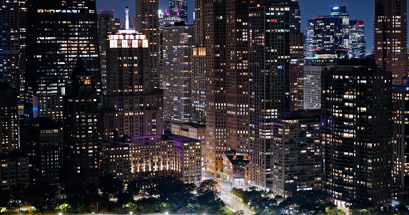 Aerial shot of skyscrapers in Chicago, Illinois on a clear night in Fall.