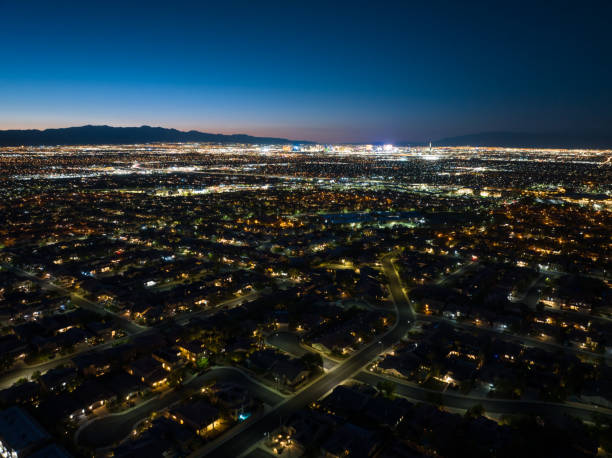 Aerial view of Henderson, a city in Clark County, Nevada, at twilight in Fall.\n\nAuthorization was obtained from the FAA for this operation in restricted airspace.
