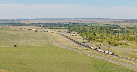 Wide Aerial Shot of Train in Greycliff, Sweet Grass County, Montana