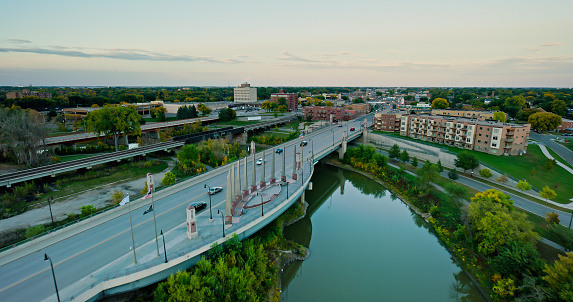 Aerial shot of Veterans Memorial Bridge in downtown Fargo, North Dakota, on an overcast day in Fall.\n\nAuthorization was obtained from the FAA for this operation in restricted airspace.
