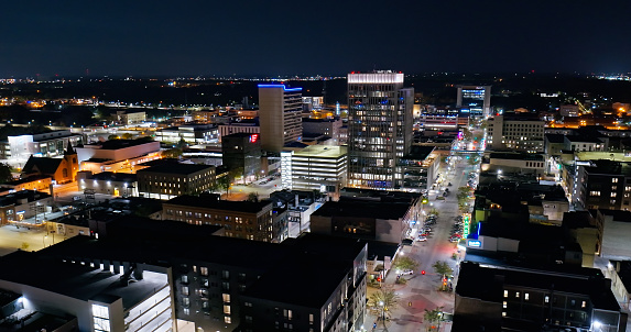 Aerial shot of downtown Fargo, North Dakota, on an overcast Fall night.\n\nAuthorization was obtained from the FAA for this operation in restricted airspace.