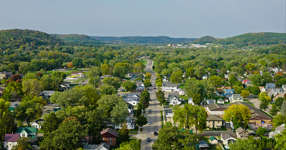Aerial view of Richland Center, a city in Richland County, Wisconsin, on a clear, sunny day in Fall.