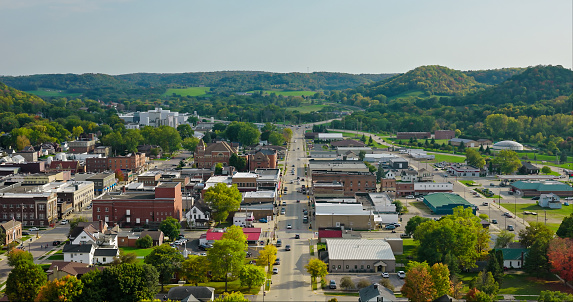 Aerial view of Richland Center, a city in Richland County, Wisconsin, on a clear, sunny day in Fall.