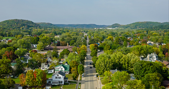 Aerial view of Richland Center, a city in Richland County, Wisconsin, on a clear, sunny day in Fall.