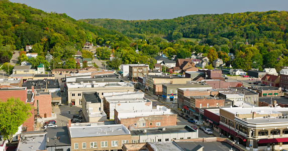 Sunny spring in Slatington, Pennsylvania. Residential area with architectural homes on Main Street