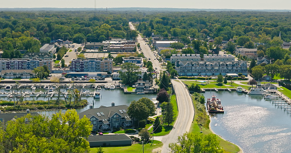 Aerial shot of New Buffalo, a city in Berrien County, Michigan, on a clear sunny day in Fall.