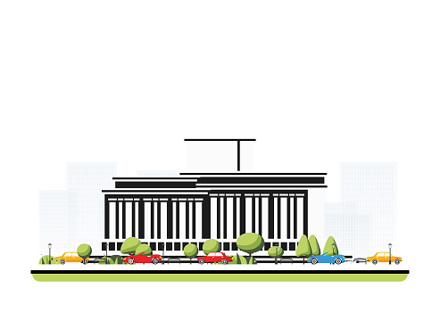 Modern museum building in flat style with trees and cars. Vector illustration. City scene isolated on white background. Urban architecture. Art gallery of contemporary art.