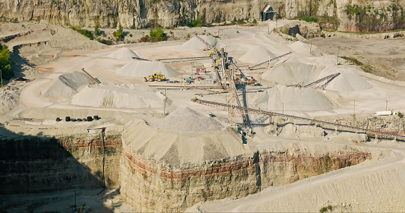 Aerial view of a large quarry in Racine County, Wisconsin, on a sunny day in Fall.