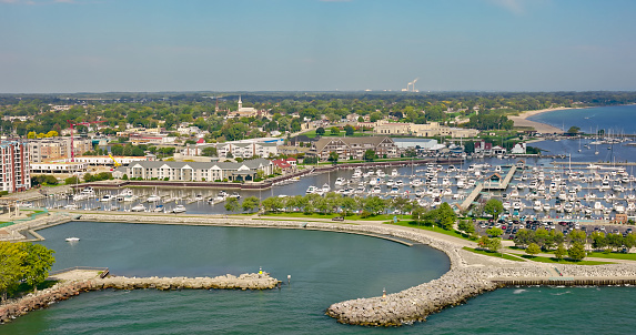 Aerial view of marina in Racine, a city in Racine County, Wisconsin, on a sunny day in Fall.