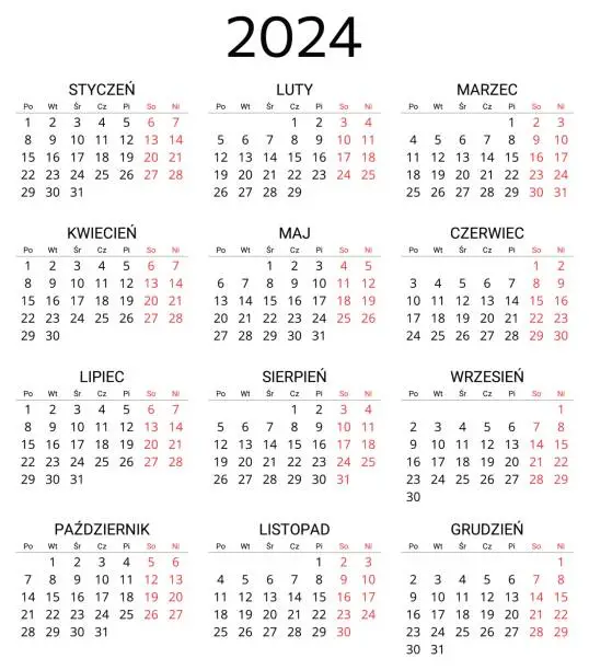 Vector illustration of 2024 polish calendar. Printable, editable vector illustration for Poland. 12 months year kalendarz
