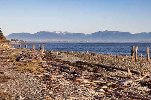 The view from Lily Point, Point Roberts, Washington. Looking across Boundary Bay with Vancouver, Burnaby and the North Shore mountains in the distance.