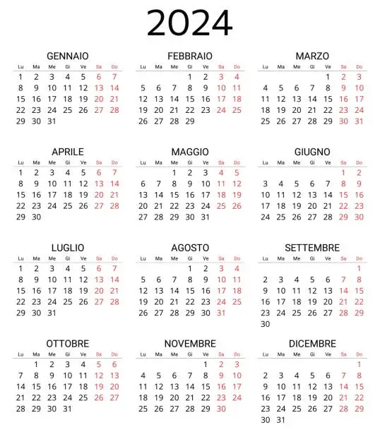 Vector illustration of 2024 italian calendar. Printable, editable vector illustration for Italy. 12 months year calendario