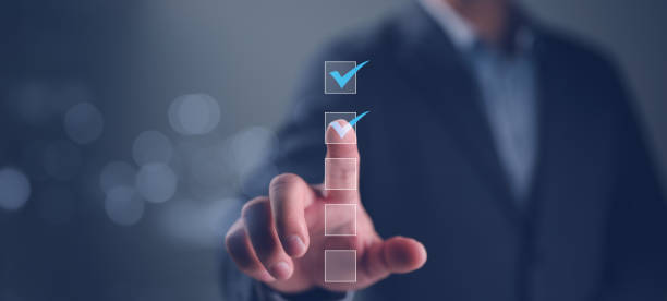 istock Business performance checklist, businessman using laptop doing online checklist survey, filling out digital form checklist, take an assessment, questionnaire, evaluation, online survey, online exam. 1836666923