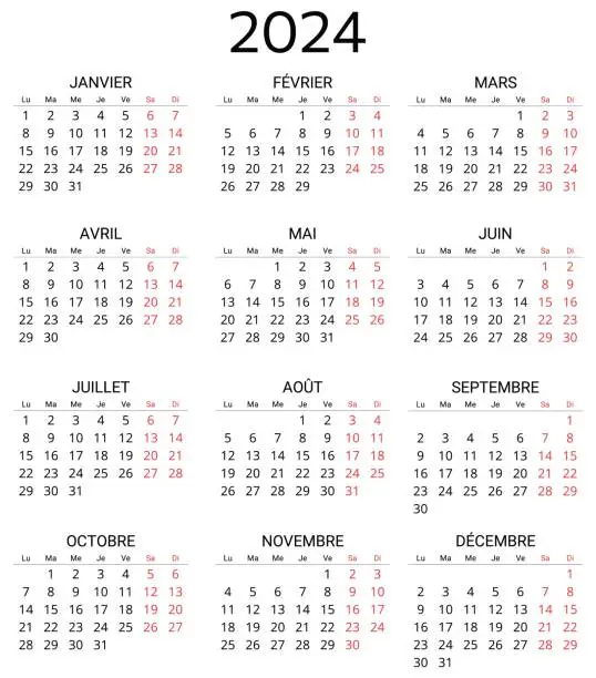 Vector illustration of 2024 french calendar. Printable, editable vector illustration for France. 12 months year calendrier