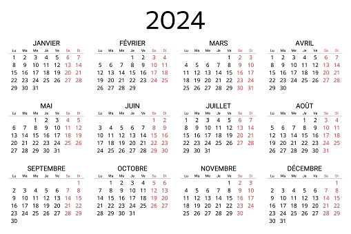 2024 french calendar. Printable, editable vector illustration for France. 12 months year calendrier. landscape
