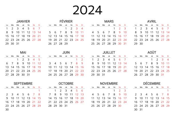 2024 french calendar. Printable, editable vector illustration for France. 12 months year calendrier vector art illustration