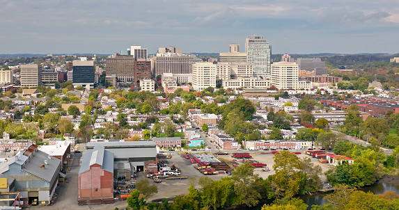 Aerial shot of downtown Wilmington in New Castle County, Delaware on an overcast day in Fall.