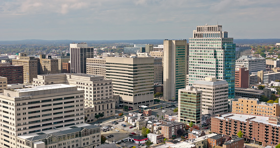 Aerial shot of downtown Wilmington in New Castle County, Delaware on an overcast day in Fall.