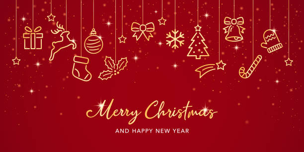 Biglietto d'auguri di buon Natale e felice anno nuovo con icone dorate su sfondo rosso - illustrazione arte vettoriale