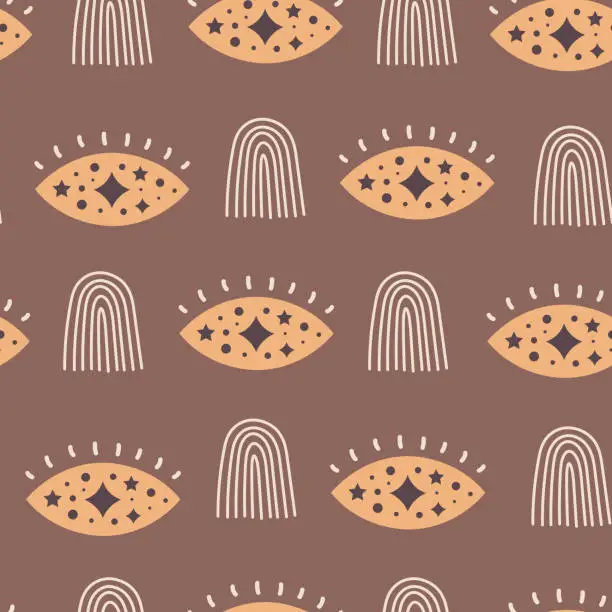 Vector illustration of Boho brown seamless pattern with rainbow