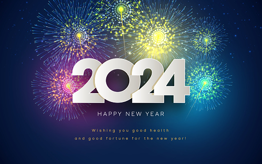 2024 date on fireworks background, new year card stock illustration