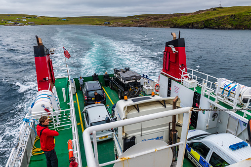 Shetland, UK, July 21, 2017: Ferry ride to Hermaness, the northmost island of the Shetland