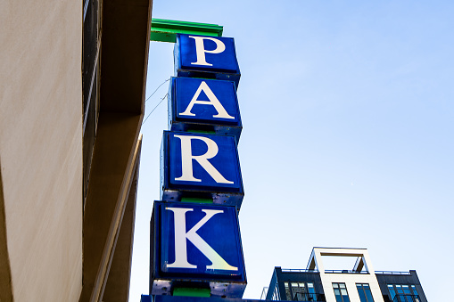 Blue Park sign attached to a parking garage in Minneapolis, Minnesota