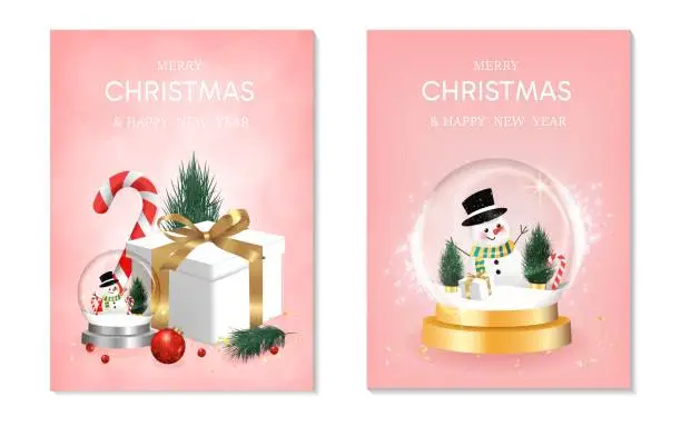 Vector illustration of Happy New Year background set. transparent christmas balls with star and box of gifts strewn with snow on pink background, realistic 3d decorative garland glow. Xmas Decorations. Vector illustration