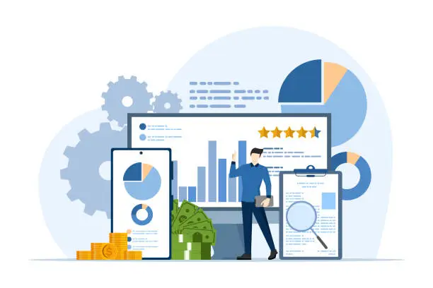 Vector illustration of business and financial analyst, business audit, growth and results, finance. Businessman with computer looking at graphs to analyze growth, Statistics. monitor financial and investment reports.