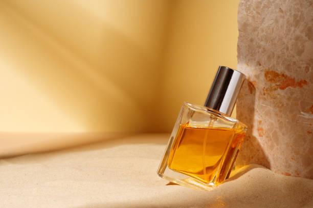 istock Essential oil glass bottle on beige background. 1836767467
