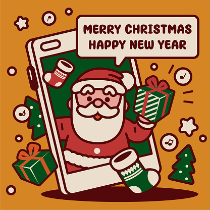 Cute Christmas Characters Vector Art Illustration.
Adorable Santa Claus popping out of a smartphone gives Christmas presents and Christmas stockings and wishes you a Merry Christmas and a Happy New Year.
