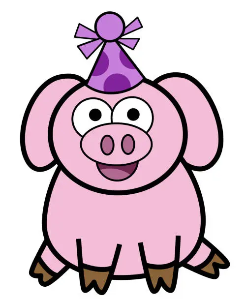 Vector illustration of Birthday pig with party hat cartoon illustration