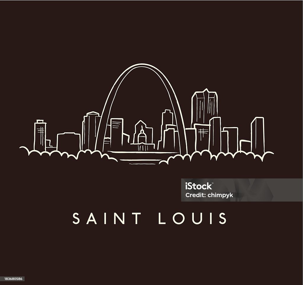 Saint Louis Skyline Sketch A hand drawn sketch of the Saint Louis skyline on a burgundy background with text below St. Louis - Missouri stock vector